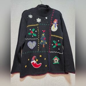 Vtg Victoria Jones Sweater Women's Black Cardigan Snowman Christmas